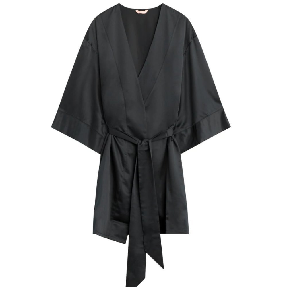 NWT Thirdlove Black Satin Kimono Sleeve Dressing Gown Robe (OS)
